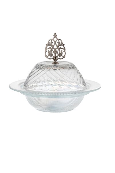 HIC طبق تمر زجاج فضي مع غطاء زجاجي تصميم عصري قطر 17.5 سم
