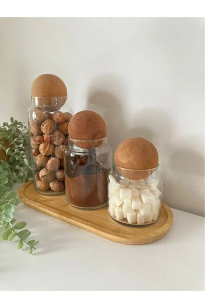 Generic Brand Set of 3 Wooden Ball Cork Lid Glass Jars, Sugar Bowl, Snack Bowl, Seasoning Bowl and Storage Container