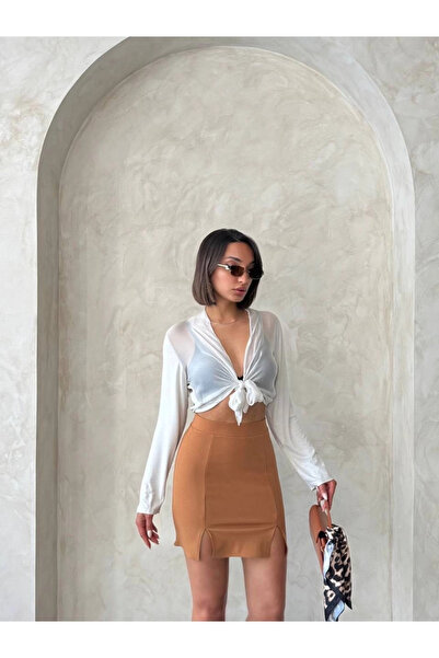 Zerenyus تنورة صغيرة بفتحة مزدوجة باللون الجملي