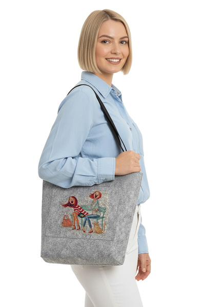 dilekolay Large Zippered Shoulder Bag - Printed Felt Bag - Joyful Days - 40 X...