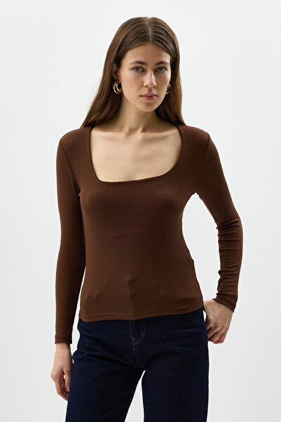 Rays Brown Square Neck Long Sleeve Corded Fabric Women's Bodysuit 8267A