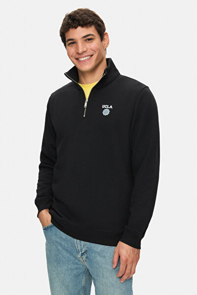 UCLA Hanorac pentru bărbați Leon Black cu jumătate de fermoar, cu guler ridicat, brodat, cu potrivire standard
