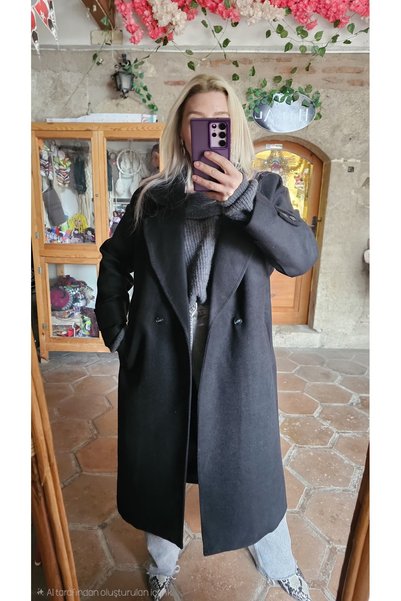Hilals Butik Standart Beden Oversize Siyah Kaşe Kaban