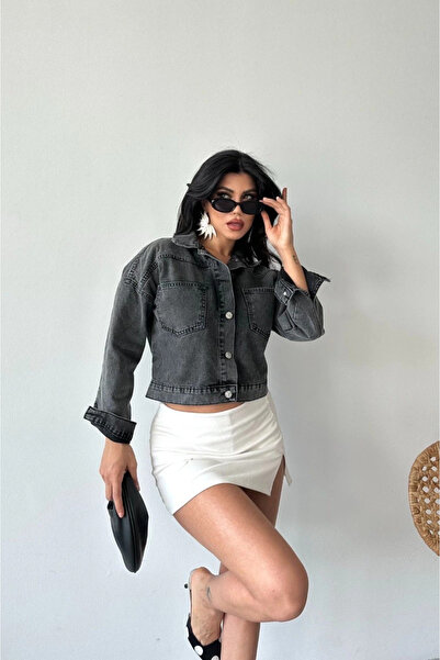 Zerenyus Double Pocket Sleeve Fold Super Stone Enzyme Washed Crop Denim Jacke...