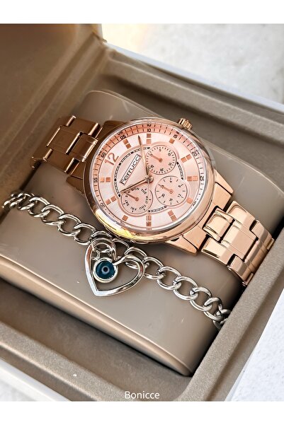 Ferrucci العلامة التجارية سوار فولاذي ساعة يد نسائية مقاومة للماء باللون الوردي + سوار