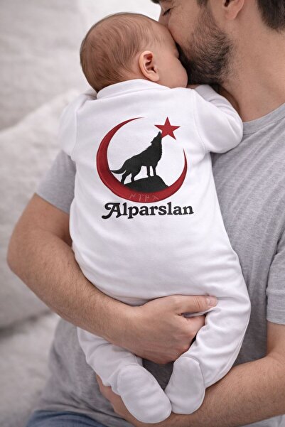 BY TUNA DESİGN Alparslan İsimli Erkek Bebek Tulum - Kurt Baskılı - Üç Hilal D...