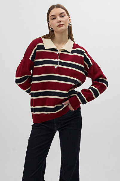 Rays Swea pentru femei cu guler polo cu dungi burgundy tricou 1018