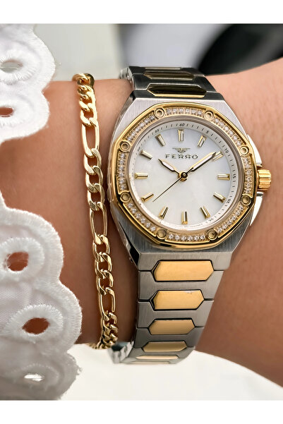 FERRO Sarı ve Gümüş Çelik Kordon Kadın Kol Saati FL43026A-D 3ATM SuGeçirmez 2Yıl Garantili Hediye Bileklik