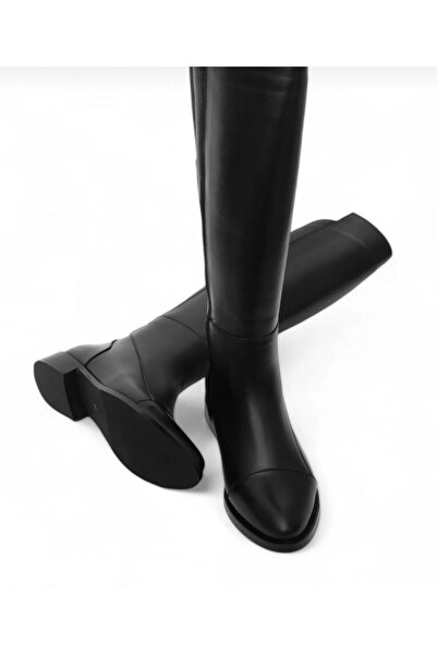 Laura Kadın Hakiki Deri Günlük Çizme Diz Altı Fermuarlı Klasik Çizme Ania Siyah