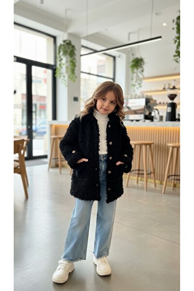 HC Kids Wear Плюшено палто с къдрави мотиви за момичета - дължина до коленете