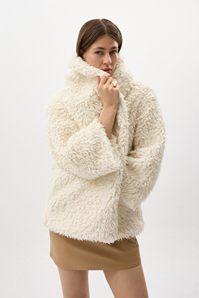 Rays Ekru Çıt Çıtlı Peluş Kadın Kaban 8471