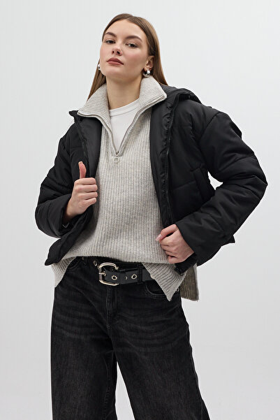 Rays Palton negru pentru femei, scurt, cu cu glugă buzunare, 8020