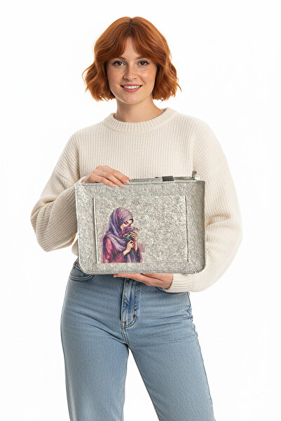 dilekolay Medium Size Zippered Shoulder Bag - Printed Felt Bag - Purple Dream...