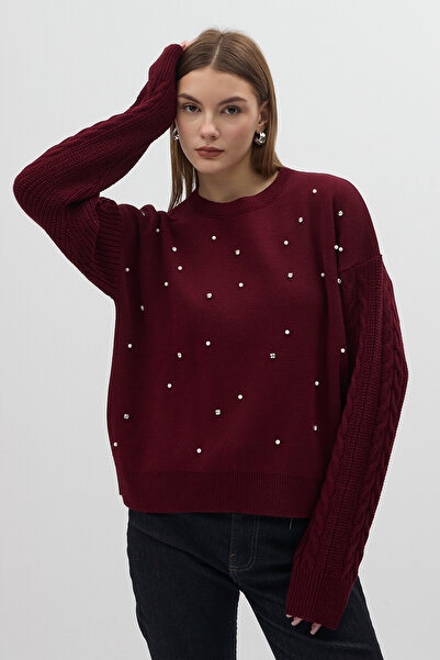 Rays 7115 Pulover cu mâneci tricotate cu pietre aplicate Roșu Claret