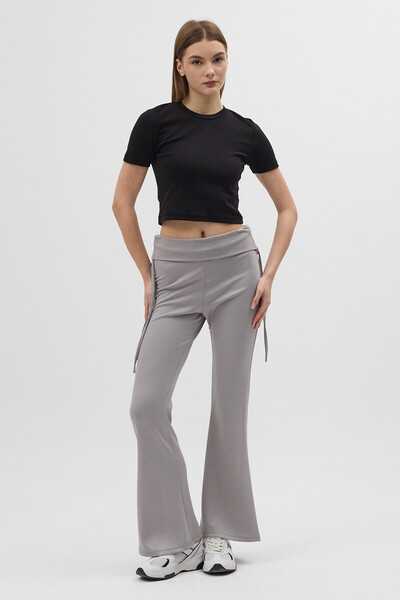 Rays Pantaloni gri pentru femei cu picioare largi, cu talie înaltă legături l...