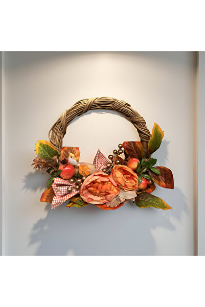 FLORİVYA Sonbahar Temalı Yapay Çiçekli Meyveli Kapı Çelengi – El Yapımı Turuncu Dekoratif Kapı & Duvar Süsü
