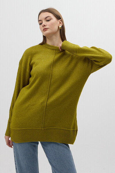 Rays Pulover pentru femei, verde măsline, guler rotund cu detaliu de cusătură...