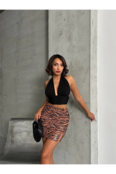Zerenyus Δερμάτινη φούστα με μονό σκίσιμο σχέδιο ζέβρας σε καφέ μαύρο χρώμα