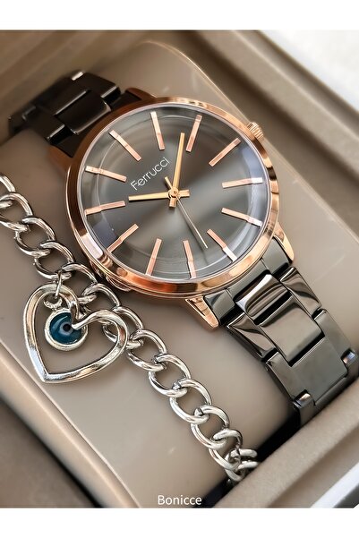 Ferrucci Çelik Kordon 2 Yıl Garantili Su Geçirmez Rose Siyah Renk iKadın Kol Saati bileklik