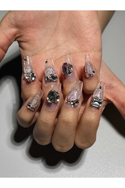 wow kutu 180074 S Beden Açık Mor Şeffaf Simli Taşlı Takma Tırnak - S