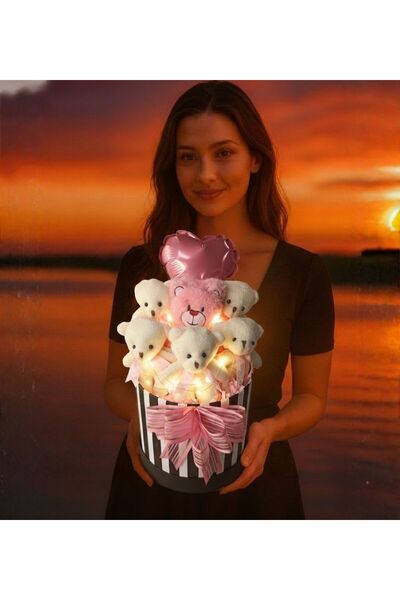 Solemia Sevgiliye Sürpriz Premium Kutuda LED Kalpli Balonlu 6’lı Pembe Ayıcık...