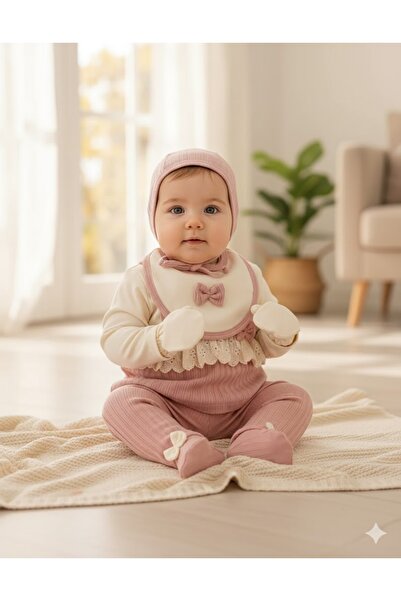 MİNİBORN YENİ DOĞAN KIZ UZUN KOLLU GÜL KURUSU ROBA KURDELE BEŞLİ SET