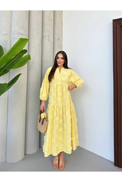 D'RECCY فستان نسائي طويل الأكمام منقوش بطيات