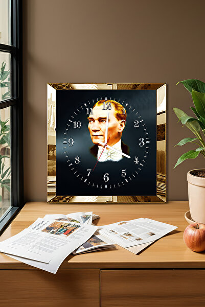 Zevahir Mobilya Dekorasyon Gold Çerçeveli Atatürk Temalı Dekoratif MDF Duvar Saati