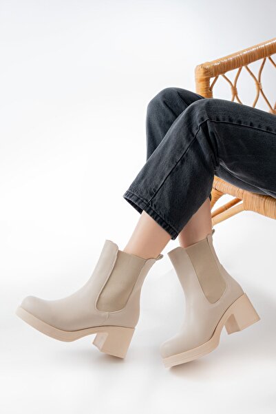 Zerenyus ZRİN-3056 Cizme de zi cu zi pentru femei, cu toc gros elastic, bej p...