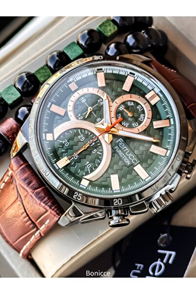 Ferrucci Erkek Saat, Kahverengi Deri Kordon, Yeşil Kadran, Şık Kutuda, Çift B...