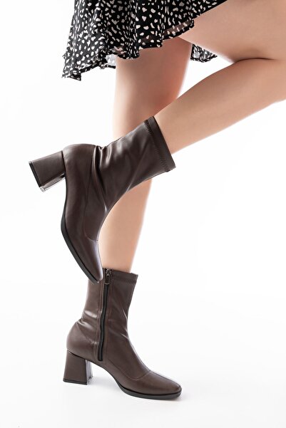 Zerenyus ZRİN-033 Ghete de damă premium, elastice, maro, cu toc și fermoar