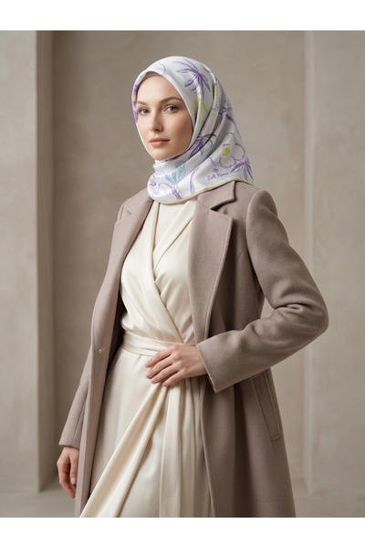 Silk Home Kadın Ekru Mor Çiçekli Desen Twill İpek Eşarp 11433-37