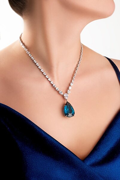 So CHIC... Büyülü Mavi 18 Ayar Beyaz Altın Kaplama 44 Cm Gümüş Gerdanlık