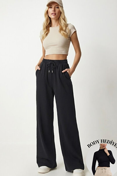 Mezka Γυναικείο παντελόνι με ψηλή μέση, μαύρο, άνετο, με φαρδιά πόδια, με τσέπες