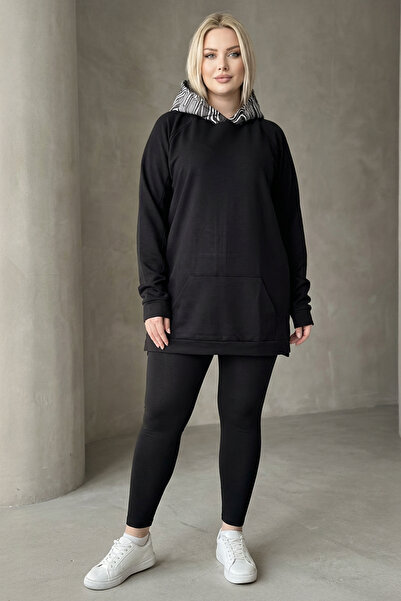 Stil Diva Büyük Beden Uzun Kollu Kapüşonlu Kanguru Cepli Yanları Yırtmaçlı Sweatshirt 300372