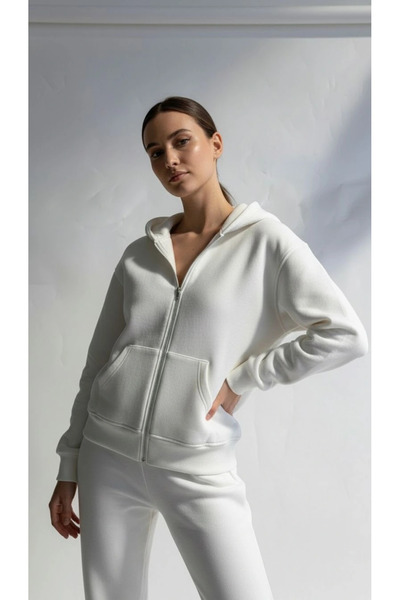 Zerenyus 3 İplik Ş Fleece-Lined Hooded Hoodie Frm White