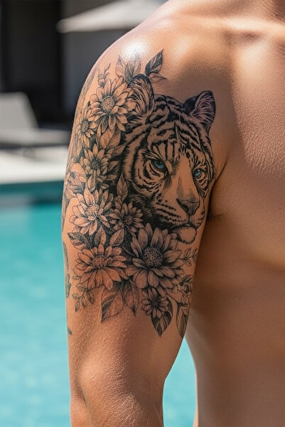 TAKIŞTIR Kaplan Ve Çiçek Figürlü Geçici Dövme Tattoo