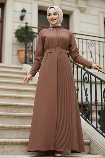 Neva Style Dark Mink Hijab Dress with Buckle Belt 65879Kv