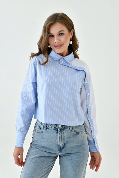 MAMAYAGA Kadın Özel Tasarım Yaka Kol Düğmeli Çizgi Garnili Crop Boy Bluz Gömlek