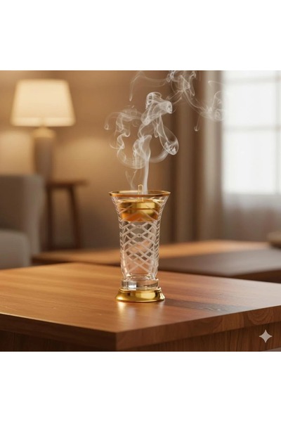 ALSAIF Glass Incense Burner Engraved With Metal Base And Gold Cover