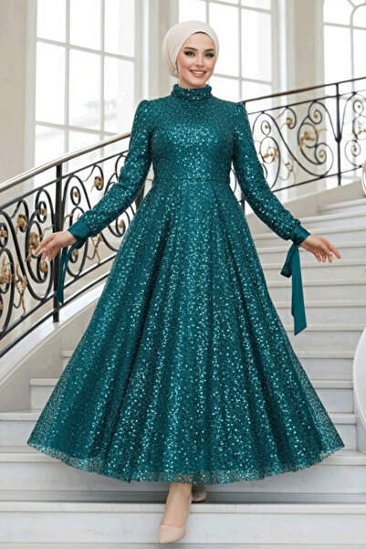 Neva Style - Sequin Embroidered Emerald Green Hijab Evening Dress 4713Zy