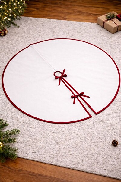 Ases Design Yılbaşı Ağacı Etek Örtüsü 120 cm | Kırmızı Biyeli Beyaz | Ayak Gi...
