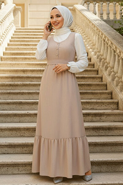 Neva Style Μπεζ ριγέ Μουσουλμανικό Φόρεμα Gilet - 70501BEJ