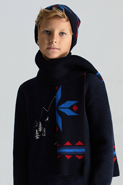 Hemington Kaşmir Yün Karışım Kar Desen Lacivert Çocuk Atkı