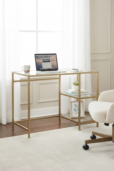 TOLIAHOME Modern Raflı Gold Renk Metal İskeletli Temper Camlı Çalışma Masası Makyaj Masası