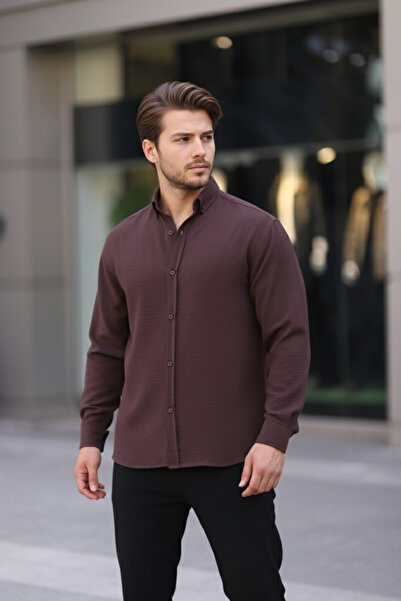 Bürke Ανδρικό πουκάμισο Ayrobin με μακριά μανίκια σε καφέ χρώμα Half Oversize