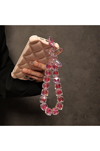Choice سلسلة تعليق هاتف فاخرة أخرى باللون الوردي، مزينة بفيونكة من الكريستال الأكريليك اللامع، سلسلة معصم قصيرة يمكن حملها