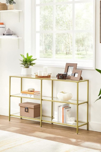 TOLIAHOME Modern 3 Katlı Gold Renk Metal İskeletli Şeffaf Temper Camlı Raf Dresuar Konsol