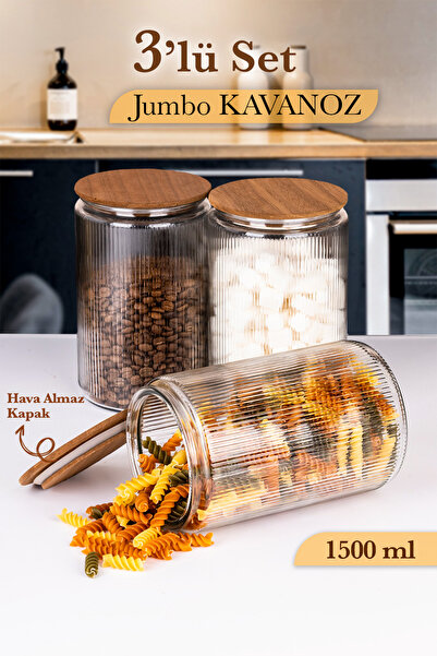 naturelove 3'lü Cam Kavanoz Seti – Akasya Vakum Kapak Büyük Boy Çizgili Erzak...