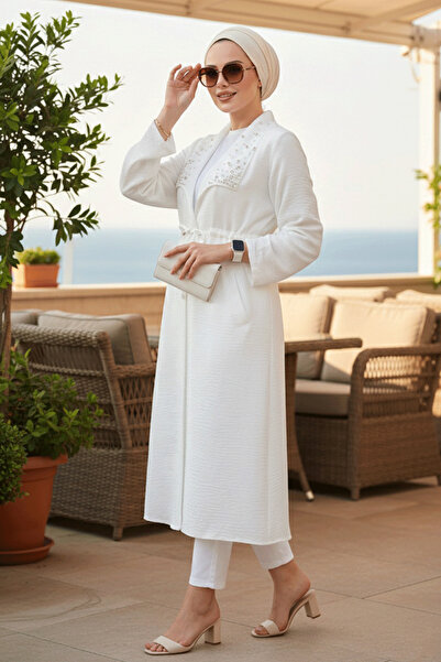 N.S NEVA STYLE Șapcă Hijab Ecru cu detalii de perle 6714E